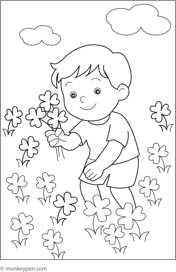Child picking shamrocks in a grassy field, surrounded by sunshine, ready to be colored.