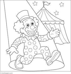Clown entering the circus ring, surrounded by excitement, ready for coloring.