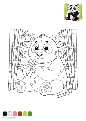 Free downloadable panda color-by-number worksheet showing a peaceful panda with bamboo, designed to help preschoolers build number skills and enjoy a calm, animal-themed coloring activity.