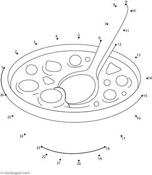 Worksheet with dots that, when connected, form a steaming bowl of soup with a spoon for coloring.