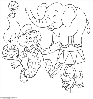 A clown surrounded by circus animals like a lion and elephant, prepared for coloring.