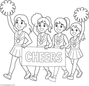 Cheerleaders marching in a parade with banners and flags, ready for coloring.