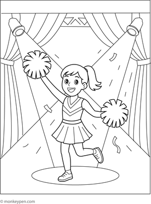 Cheerleader performing on stage with spotlights, ready to be colored.