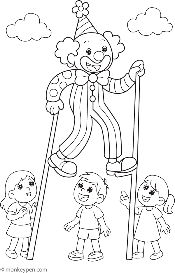 A clown walking on stilts in a circus ring, ready to be colored.