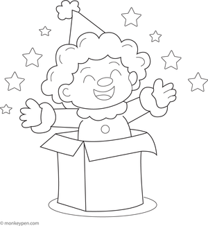 A clown jumping out of a jack-in-the-box, ready for coloring.