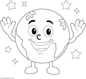 Earth with a smiling face, surrounded by clouds, available for coloring.