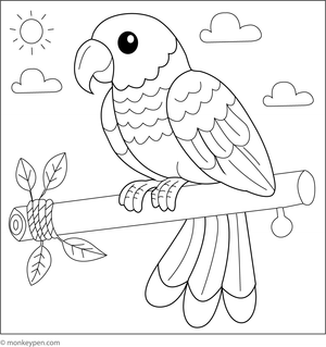 Printable Coloring page of a parrot sitting on a wooden perch, perfect for kids who love tropical birds and Coloring.