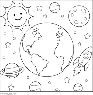 Earth surrounded by stars, planets, and space objects, prepared for coloring.