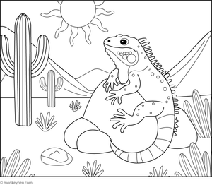 Color this scenic free printable of an iguana exploring a dry desert landscape, serving as an educational activity for children.