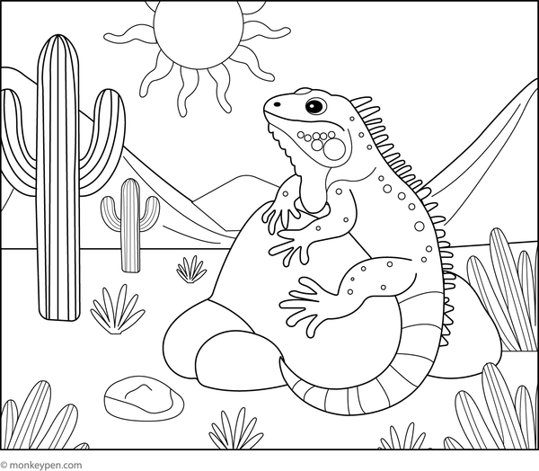 Color this scenic free printable of an iguana exploring a dry desert landscape, serving as an educational activity for children.