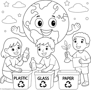 Earth with recycling bins and eco symbols, ready to be colored.