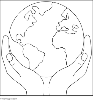 Depiction of hands gently holding a vibrant Earth, surrounded by natural elements, ready for coloring.  