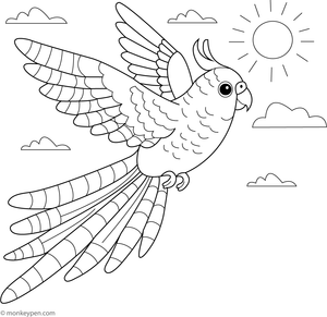  Action-packed Coloring page of a flying parakeet with outstretched wings, a fun printable for bird lovers.