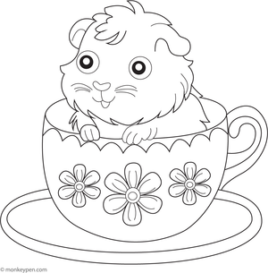 Free printable guinea pig sitting inside the tea cup image for colouring for kids, a fun activity to explore