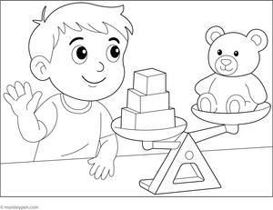 Printable coloring image of child using a balance scale, ready for kids to color in