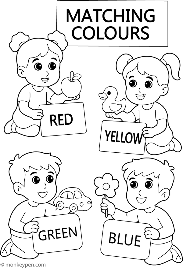 Preschoolers matching Colorful items to their correct Colors, ready for Coloring.