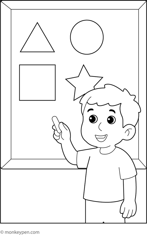 Download this free printable of a child drawing shapes on a blackboard, a fun activity that promotes shape recognition and Coloring skills.