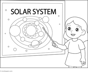 Preschool child pointing to a solar system chart, ready to be colored.
