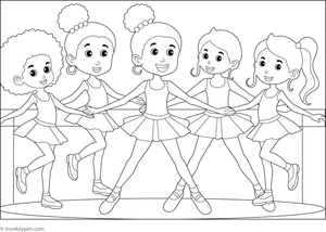 Children dancing in a studio, practicing poses, prepared for coloring.