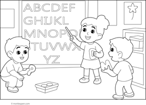 Children on an alphabet treasure hunt, searching for objects starting with different letters, ready for coloring.
