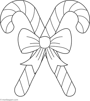 Two crossed candy canes with large bows, ready to be colored.
