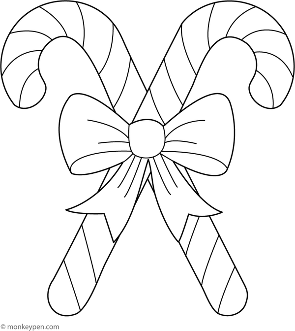 Two crossed candy canes with large bows, ready to be colored.

