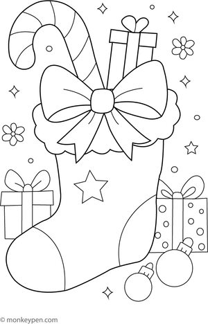 Candy cane inside a Christmas stocking, ready to be colored.
