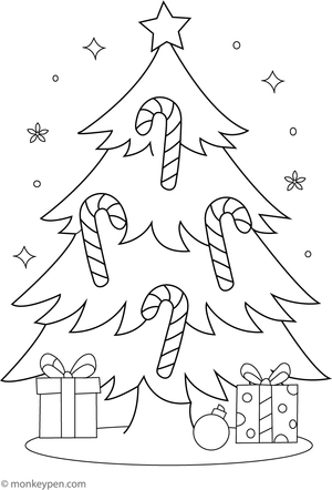 Candy canes hanging on a decorated Christmas tree, ready to be colored.
