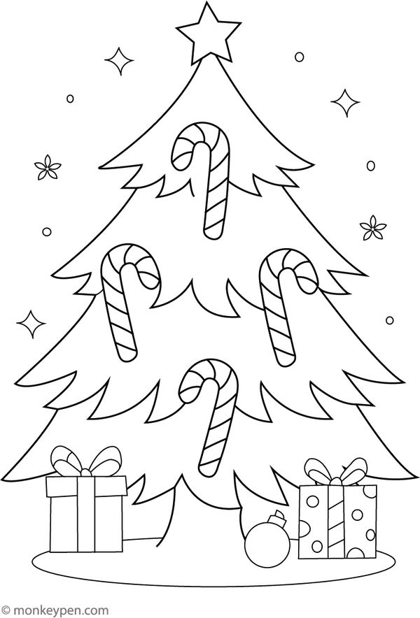 Candy canes hanging on a decorated Christmas tree, ready to be colored.
