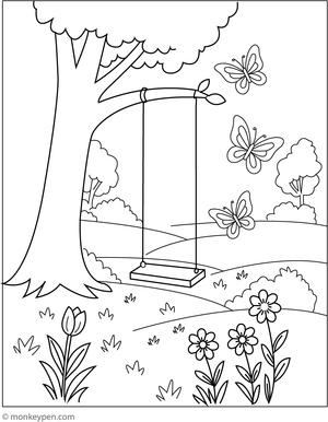 Garden with a swing hanging from a tree, surrounded by flowers and greenery, ideal for colouring.
