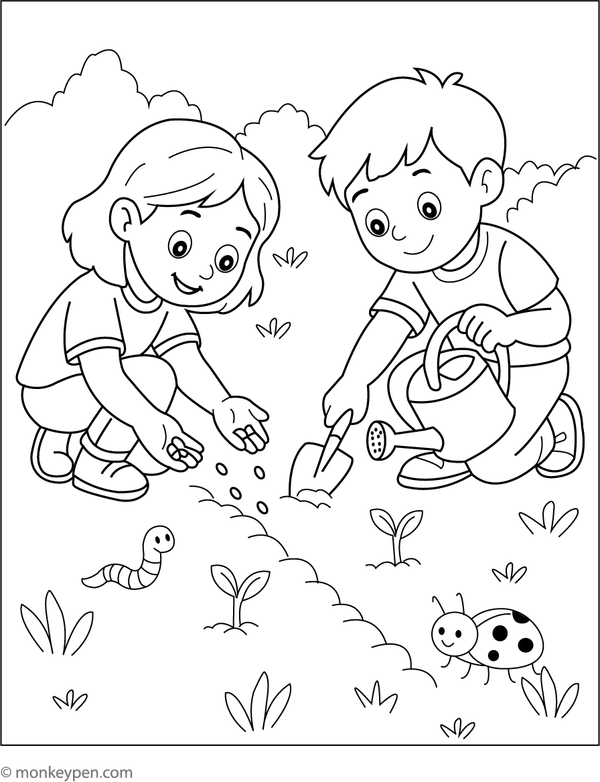 Kids planting seeds in a garden, with soil and tools, a perfect colouring activity for children.
