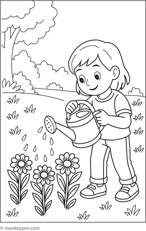 Child watering a flower bed with a watering can, a delightful garden scene for kids to colour.
