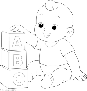 Pyramid of colourful baby blocks with letters and numbers, ready to be coloured.