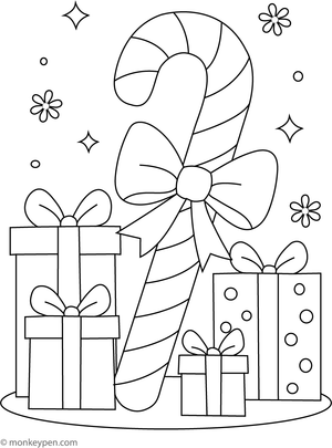 Candy cane wrapped in Christmas wrapping paper, ready to be colored.
