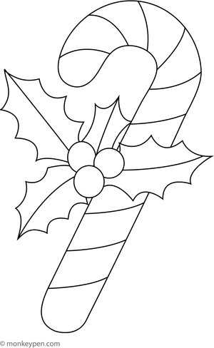Candy cane wrapped with holly leaves and berries, ready to be colored.
