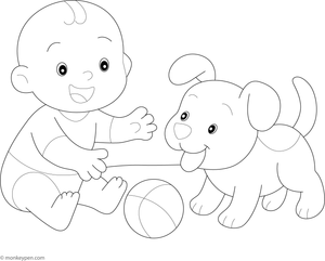 Baby and puppy playing, sharing fun and laughter, ready to be coloured.