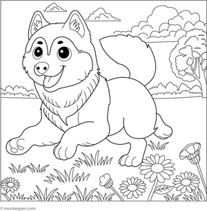 Husky running freely in an open field, with flowers, grass, and motion lines to enhance the coloring experience.