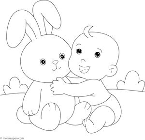 Baby hugging a large stuffed bunny, in a cozy setting, ready to be colored.