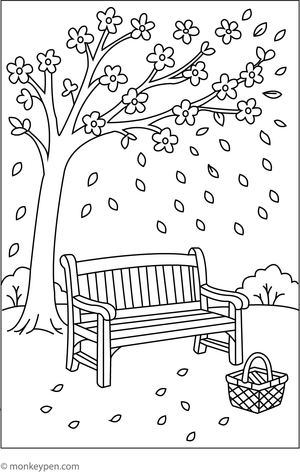 Garden bench under a blossoming tree, surrounded by flowers, ideal for a calming colouring experience.
