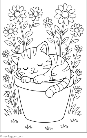 A kitten sleeping inside a flower pot surrounded by blooming flowers, ready for coloring.
