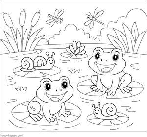 Frogs and snails sitting on lily pads in a pond, ready for coloring.

