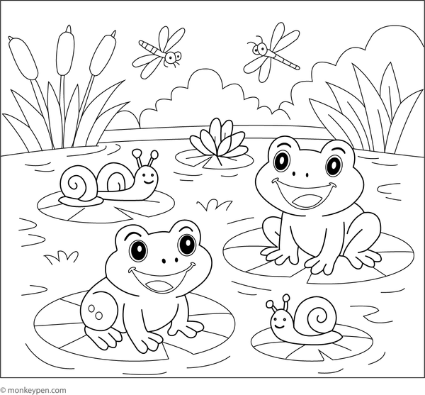 Frogs and snails sitting on lily pads in a pond, ready for coloring.
