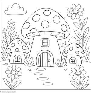 Mushroom houses with small doors and windows, surrounded by nature, ready for coloring.
