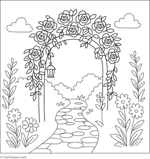 Garden arch decorated with blooming roses, ready for coloring.
