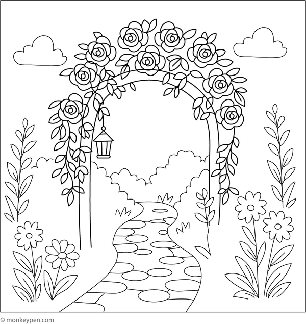 Garden arch decorated with blooming roses, ready for coloring.
