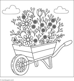 Wheelbarrow overflowing with vibrant flowers, ready to be colored.
