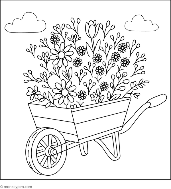 Wheelbarrow overflowing with vibrant flowers, ready to be colored.
