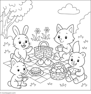 Garden picnic scene with animals like rabbits and squirrels, surrounded by food and nature, designed to be colored.

