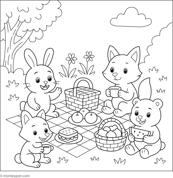 Garden picnic scene with animals like rabbits and squirrels, surrounded by food and nature, designed to be colored.

