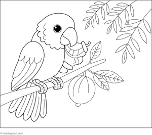 Coloring page of a cheerful parrot surrounded by tropical fruits like bananas and pineapples, a deliciously fun theme for kids.